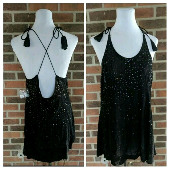 Free People Black Sequin Tassel Slip Mini Dress - Picture 7 of 8
